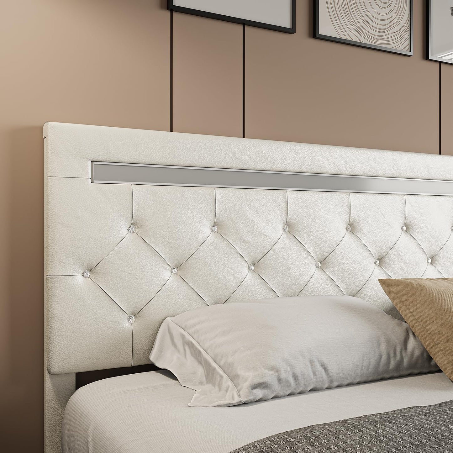 Benevika King Size Bed Frame with LED Lights, Upholstered Platform Bed Frame, Adjustable Headboard with Charging Station, Wooden Slats Support, Easy Assembly, No Box Spring Needed, White