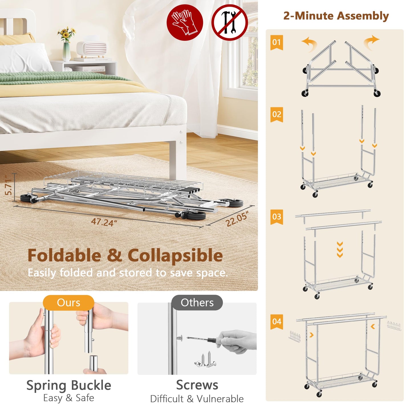 Hoctieon 2-Minute Assembly Double Rod Clothes Rack, Heavy Duty Rolling Clothing Racks with Wheels, Foldable Commercial Garment Rack, Extendable Hanging Bar, Adjustable Metal Pole with Hooks, Chrome