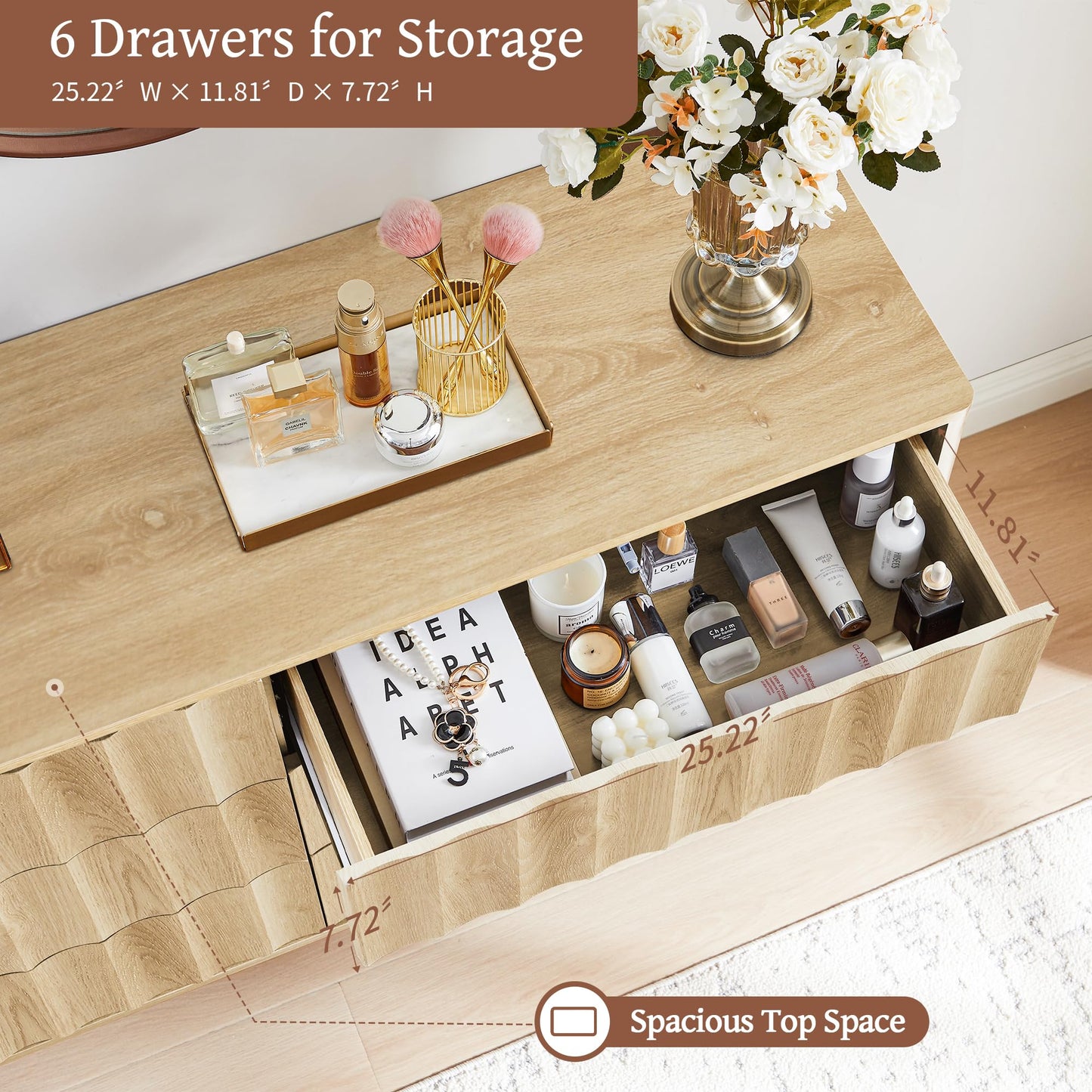 Caspellaire Fluted 6 Drawer Dresser, 53" Wide Modern Chest of Drawer, Dresser TV Stand,Wood Drawer Organizer for Bedroom, Living Room, Hallway