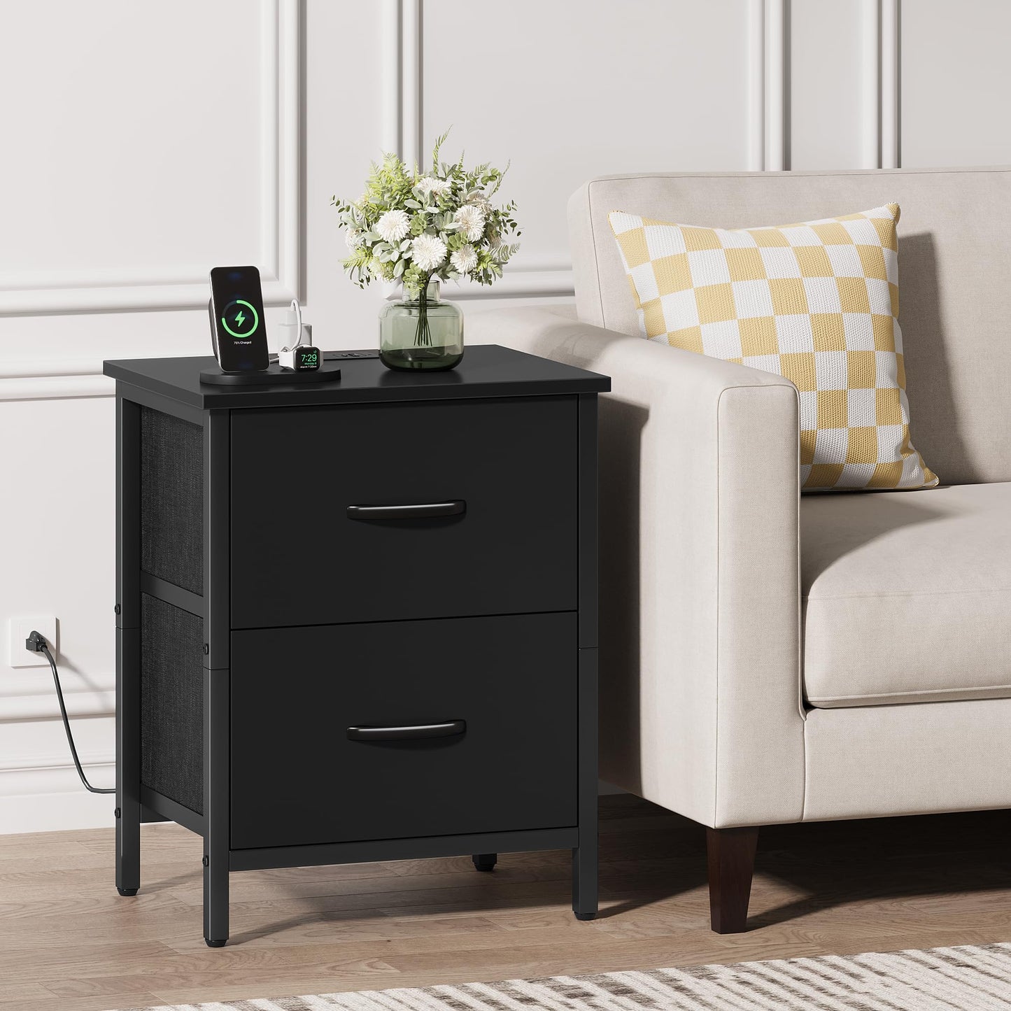 Vagusicc Nightstand Set of 2 with Charging Station, End Table Bedside Table with Power Outlet & USB Ports, Side Table with 2 Fabric Drawers for Bedroom, Living Room, Black