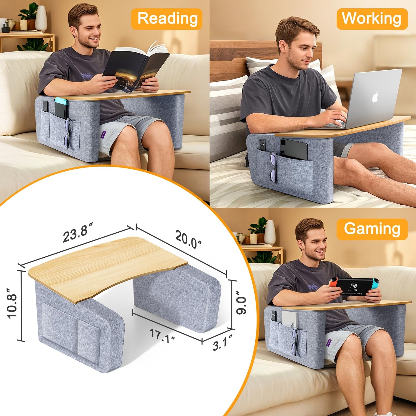 Reading Pillow with Sturdy Wooden Surface, Lap Pillow Desk for Laptop, Arm Rest Pillow for Bed and Gaming, Soft Cushioned Cover, Storage Pockets, Detachable Design, Perfect for Adults and Book Lovers