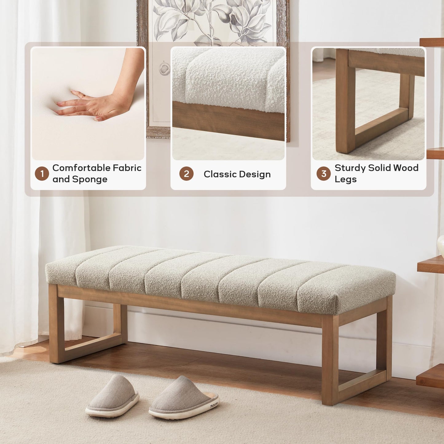 Zihanhome 52.7" Bedroom Bench for End of Bed, Modern Upholstered Teddy Fabric Entryway Bench & Dining Bench, Footrest Stool Bench with Solid Wood Frame for Bedroom, Living Room (Camel)