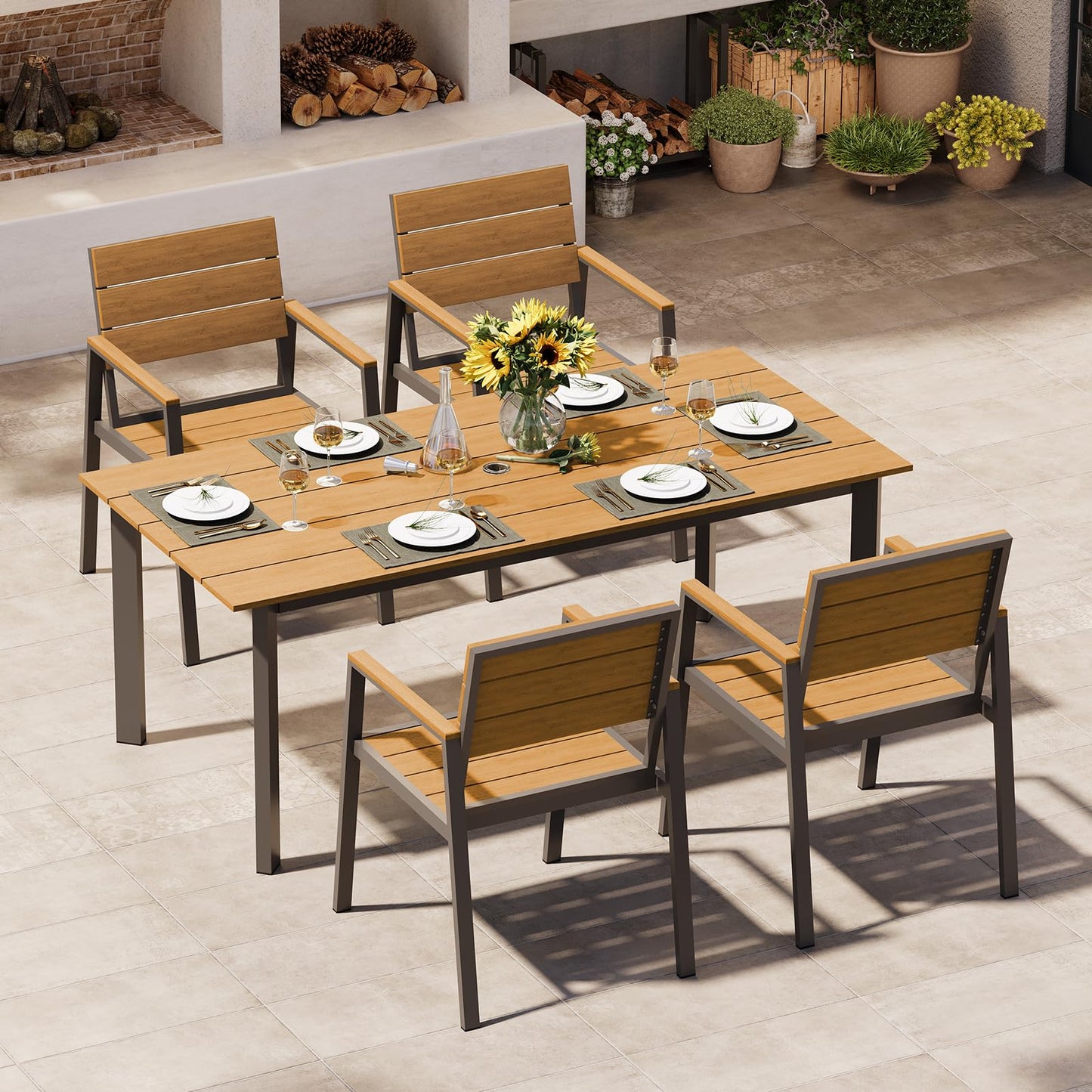Oasbira Outdoor Dining Set for 4, Patio Table and Chairs Set with Umbrella Hole, 5 Pieces HDPS Outdoor Furniture Sets for Patio, Garden, Backyard (Gray & Teak)