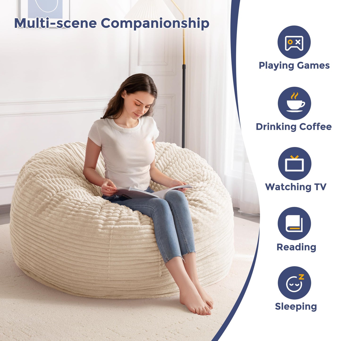 MAXYOYO Bean Bag Chair for Adults, Large 4 ft Bean Bag Chair with Foam Filling, Ultra Soft Fur Lazy Sofa for Living Room, Bedroom, Machine Washable Cover