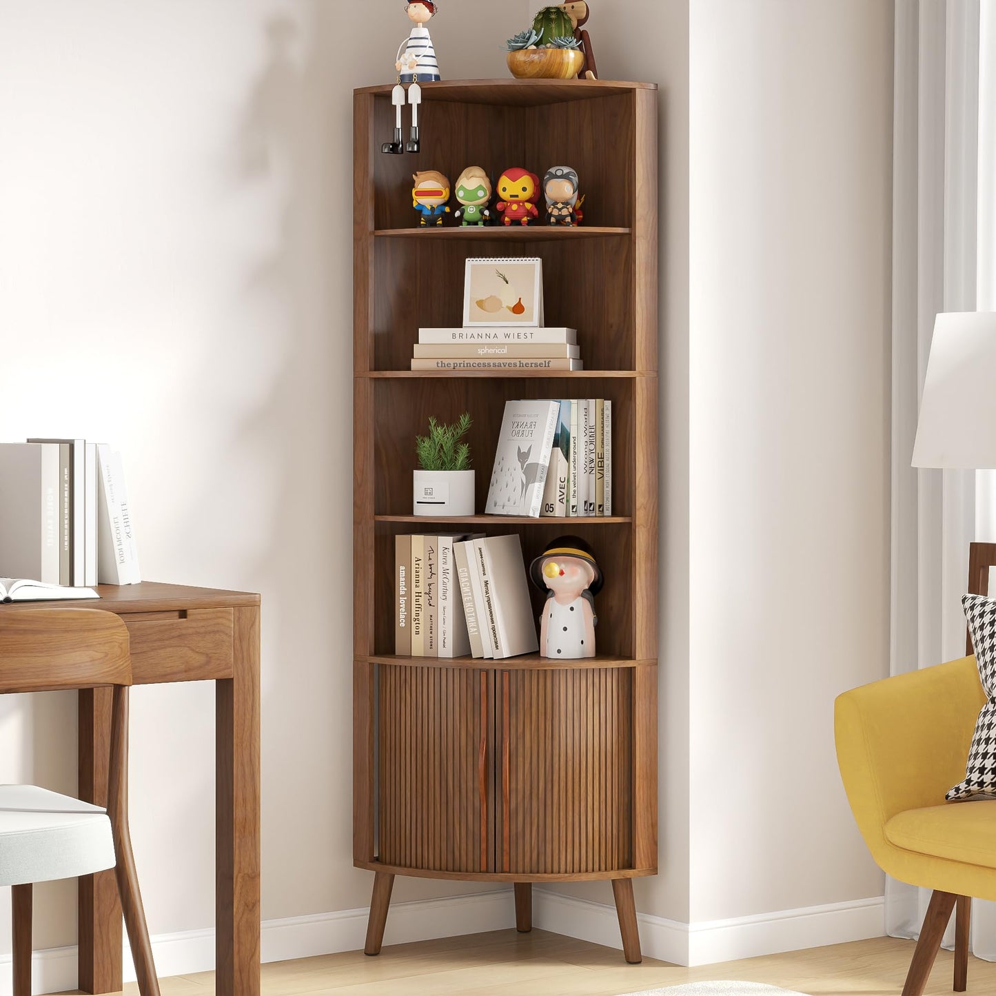Limaoaio Corner Cabinet, 66.73'' Tall Modern Corner Bathroom Storage Cabinet with 2 Fluted Doors and Shelves, Home Space Saver for Kitchen, Living Room, Study Room(Walnut, 66.73''H)