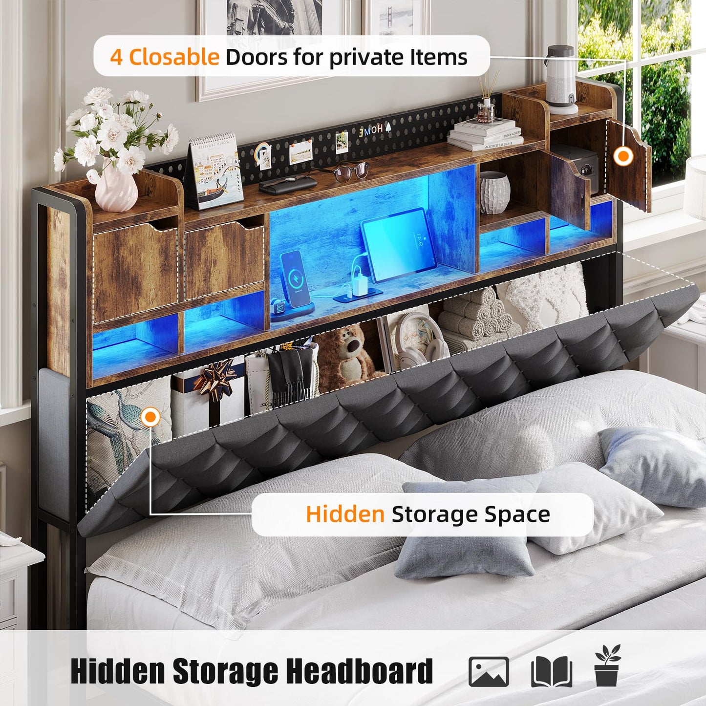 busyaeh King Size Bed Frame with Upholstered Storage Headboard, King Bed Frame with Smart LED Lights, Camas King Bed with Charging Station,Noise-Free, Metal Support, No Box Spring Needed, Gray