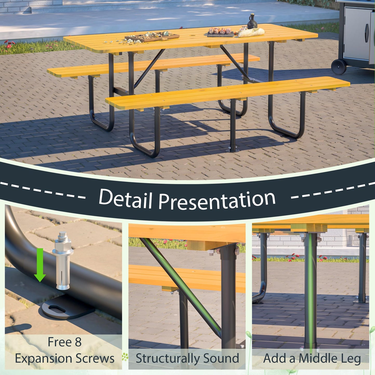DOPERFE 72" Wooden Picnic Table, Picnic Table with Benches, Steel Frame with Umbrella Hole 1.97" for Patio Party Barbecue Party (Yellow + Black, 72")