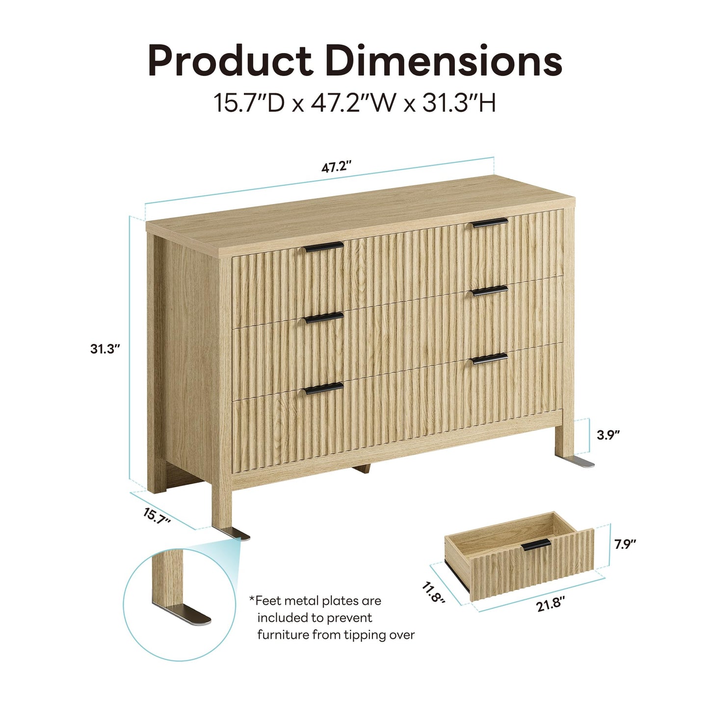 LIKIMIO Fluted 6 Drawers Dresser for Bedroom, 47" Wide Modern Chest of Drawers Closet Dressers, Wooden Dresser Storage Organizer for Living Room, Entryway, Hallway, Natural Oak