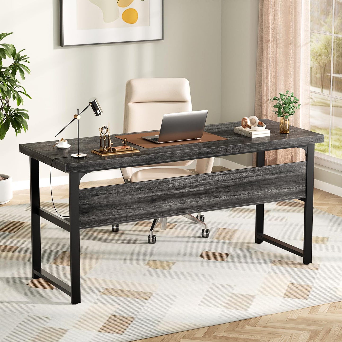 Unikito 53 Inch Desk with Power Outlets and USB Ports, Computer Desk with 1.4 Inch Thicker Desktop, Heavy Duty Study Writing Table with Shelf, Work Gaming Desk for Home Office, Metal Frame, Black Oak