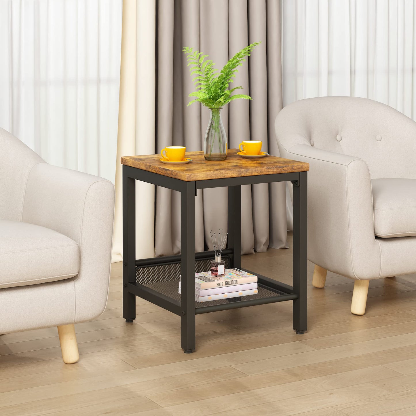 furlinkhm Coffee Table Set of 3, Industrial Coffee Table with 2 Square End Side Tables, Modern Living Room Table Set, with Metal Frame, for Apartment Home Office, Brown