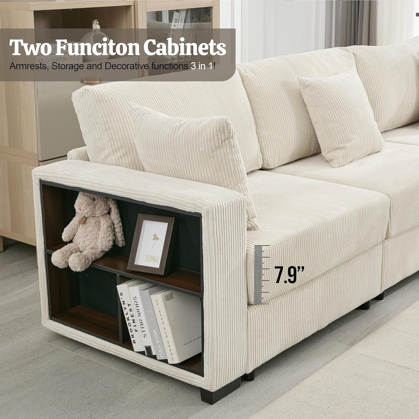 Makkki 148'' Oversized L-Shaped Corner Sofa Couches, Large Convertible Modular Sectional Sofa, Extra Deep Oversized 5 Seat Set with Chaise&Storage Cabinet for A Cozy Living Room, White