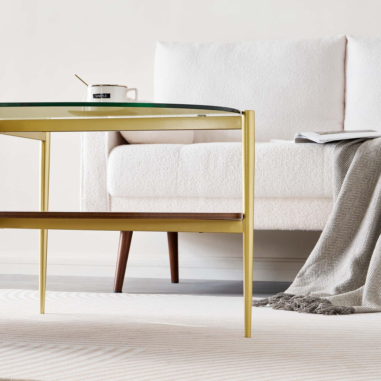 LumFurn Oval Glass Coffee Table, Mid-Century Modern Design, L43 x W22 x H17 inch, 2-Tier Structure, Olive Shaped Clear Glass Top and Walnut Finish Wood Shelf, Tapered Legs with Gold Finish Frame