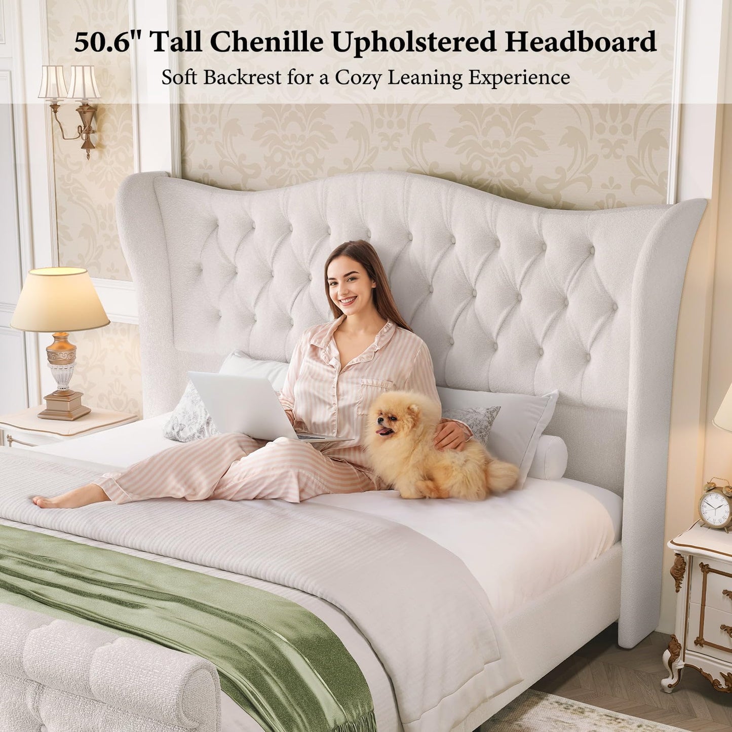 koorlian King Size Chenille Upholstered Bed Frame, Sleigh Platform Bed Frames with 51" Tall Wingback Headboard & 27" Scroll Footboard, Button Tufted/No Box Spring Required/Wood Slats Support/Cream