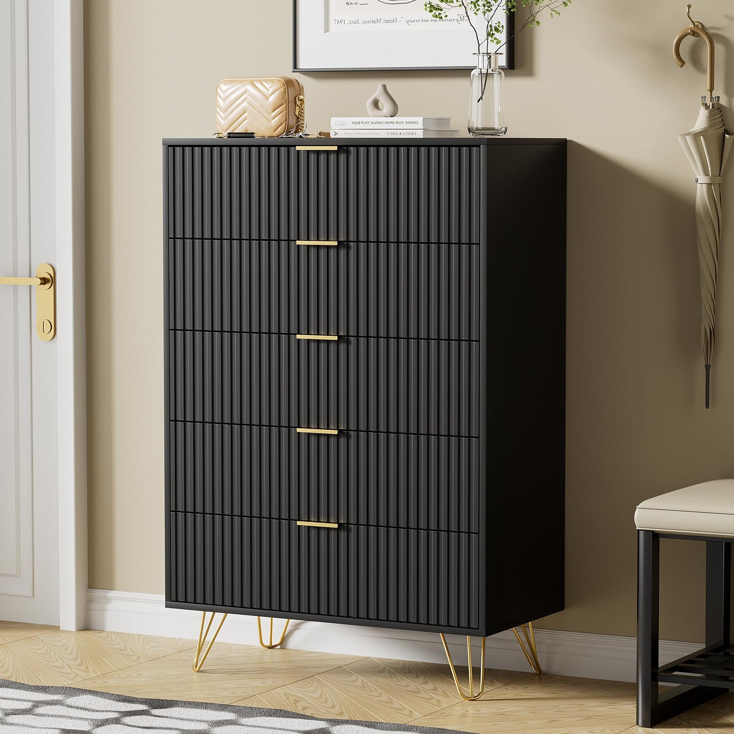 Furniway Black Dresser for Bedroom, Fluted Modern Dresser with Gold Pulls and 5 Drawers, 15.7" D x 31.5" W x 47.2" H