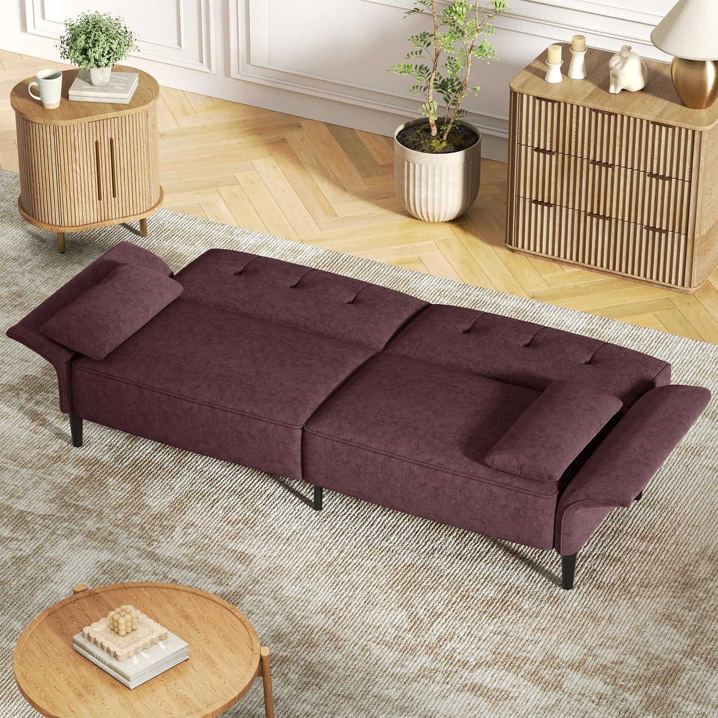 COPIAE 89” Futon Sofa Bed, Velvet Fabric Comfy Futon Couch Bed with 2 Square Pillows, Convertible Sleeper Sofa with Adjustable Backrest& Armrests, Modern Loveseat Sleeper for Living Room, Burgundy