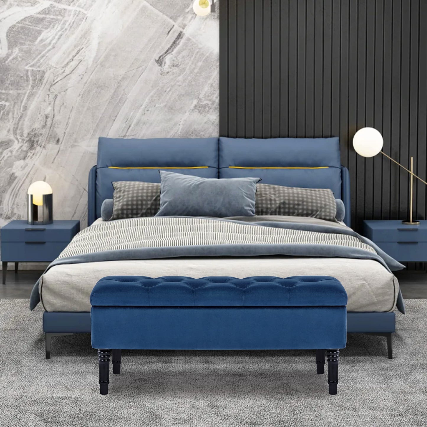 FOREDO Velvet Storage Ottoman Bench, Upholstered Storage Bench with Button Tufted, End of Bed Storage Bench, Blue