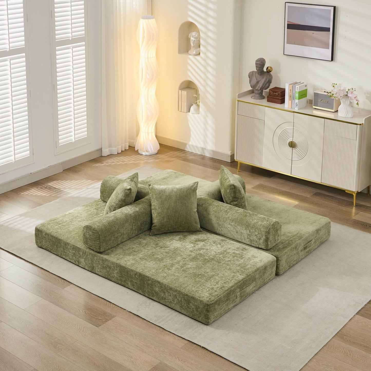 TISIMO Convertible Folding Sofa Bed Modular Floor Couch, 78.8‘’ Cloud Sleeper Sofa with Removable Backrest, Chenille Foldable Mattress Couch, Lazy Loveseat for Small Space, Apartment, Bedroom, Green