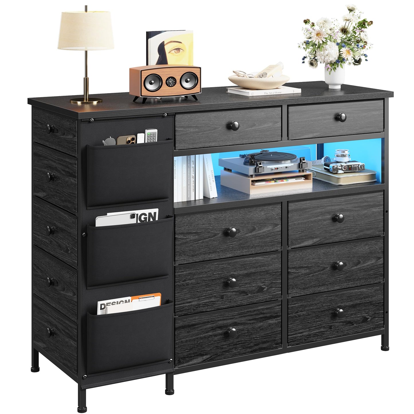 EnHomee Dresser for Bedroom with 13 Fabric Drawers and LED Lights, Closet Island with Side Pocket, Dressers & Chests of Drawers for Bedroom Closet Organizer, Black