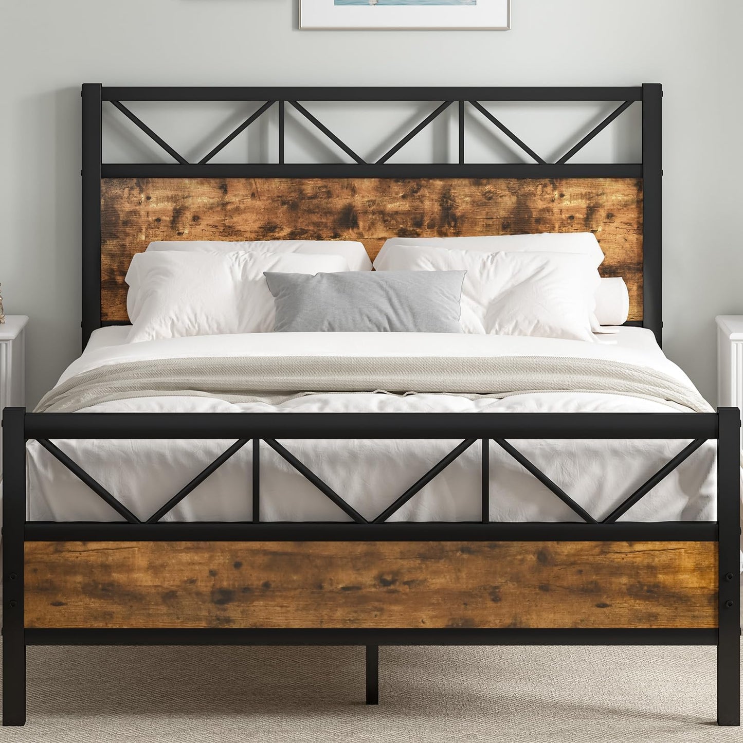 Queen Bed Frame with Headboard, Industrial 51.2" Tall Headboard, Queen Platform Bed Frame with Heavy Duty Metal Slats Support, No Box Spring Needed, Noise-Free, Easy Assembly, Rustic Brown