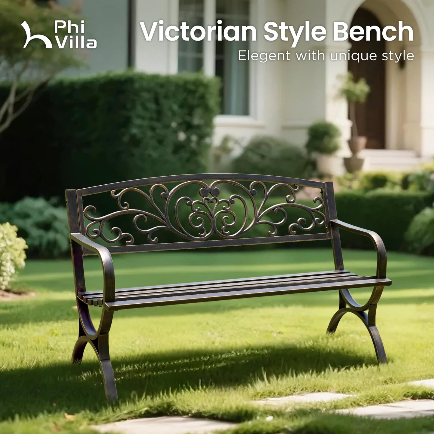 PHI VILLA 50" Garden Bench Outdoor Bench Patio Bench for Outdoors Metal Porch Steel Frame Furniture for Yard