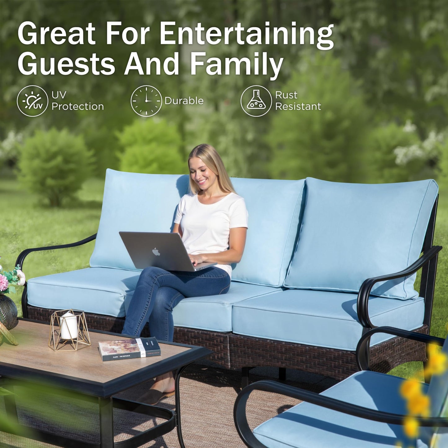 PHI VILLA Wicker & Metal Outdoor Patio Couch,3-Seat Patio Sofa with Deep Seating for Front Porch, Deck, Balcony, Backyard, Sunroom,Blue