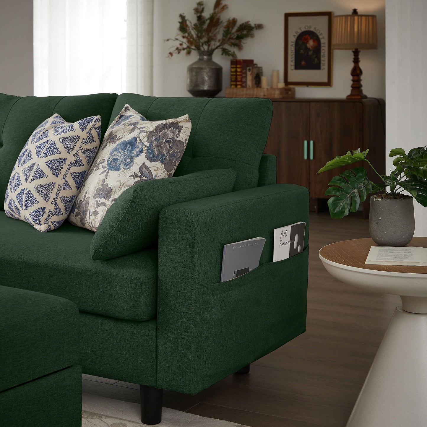Pingliang Home 101" Convertible Sectional Sofa with Ottoman Coffee Table, Modern Linen Fabric U-Shaped Couch with Storage Pocket, 4 Seat Sofa Couches for Living Room, Apartment, Office, Green