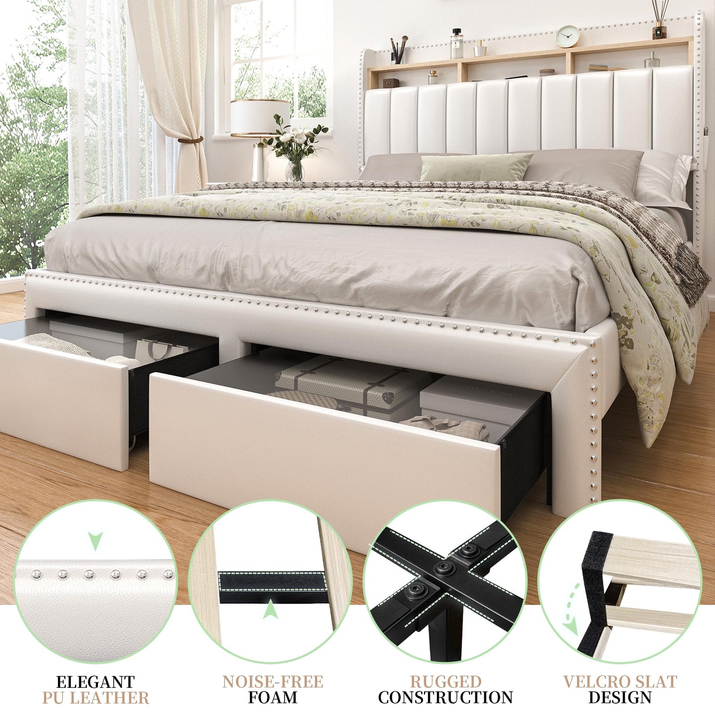 SIBEDS Queen LED Bed Frame with 2 Drawers, Modern Platform Beds with 2 Tier PU Leather Upholstered Storage Wingback Headboard, Channel Tufted Bedframe with Rivet Decor, No Box Spring Needed, White