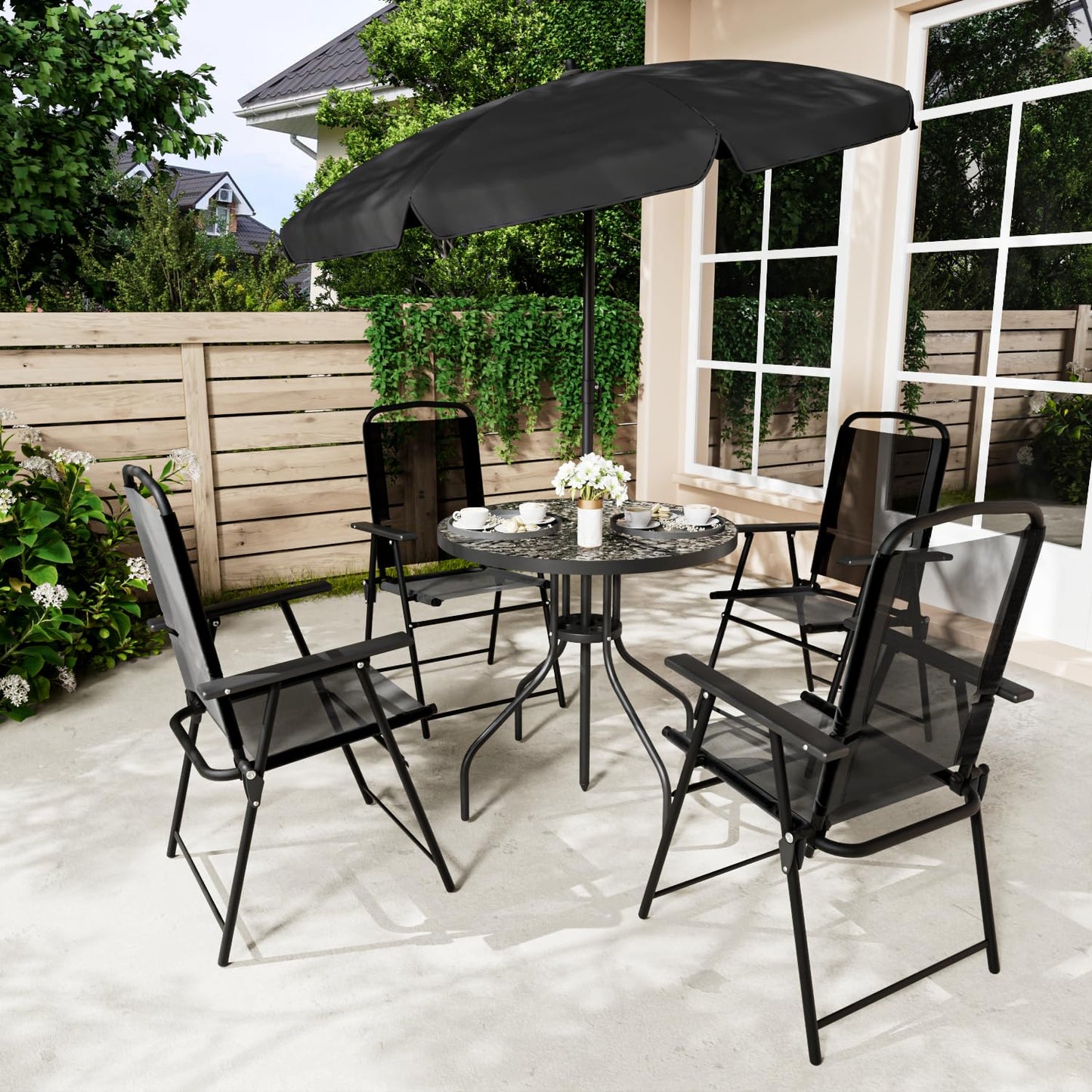 PUKAMI 6 Piece Folding Patio Dining Set with Umbrella, Outdoor Table and Chair with 4 Dining Chairs and Round Glass Table for Garden, Backyard and Deck, Black