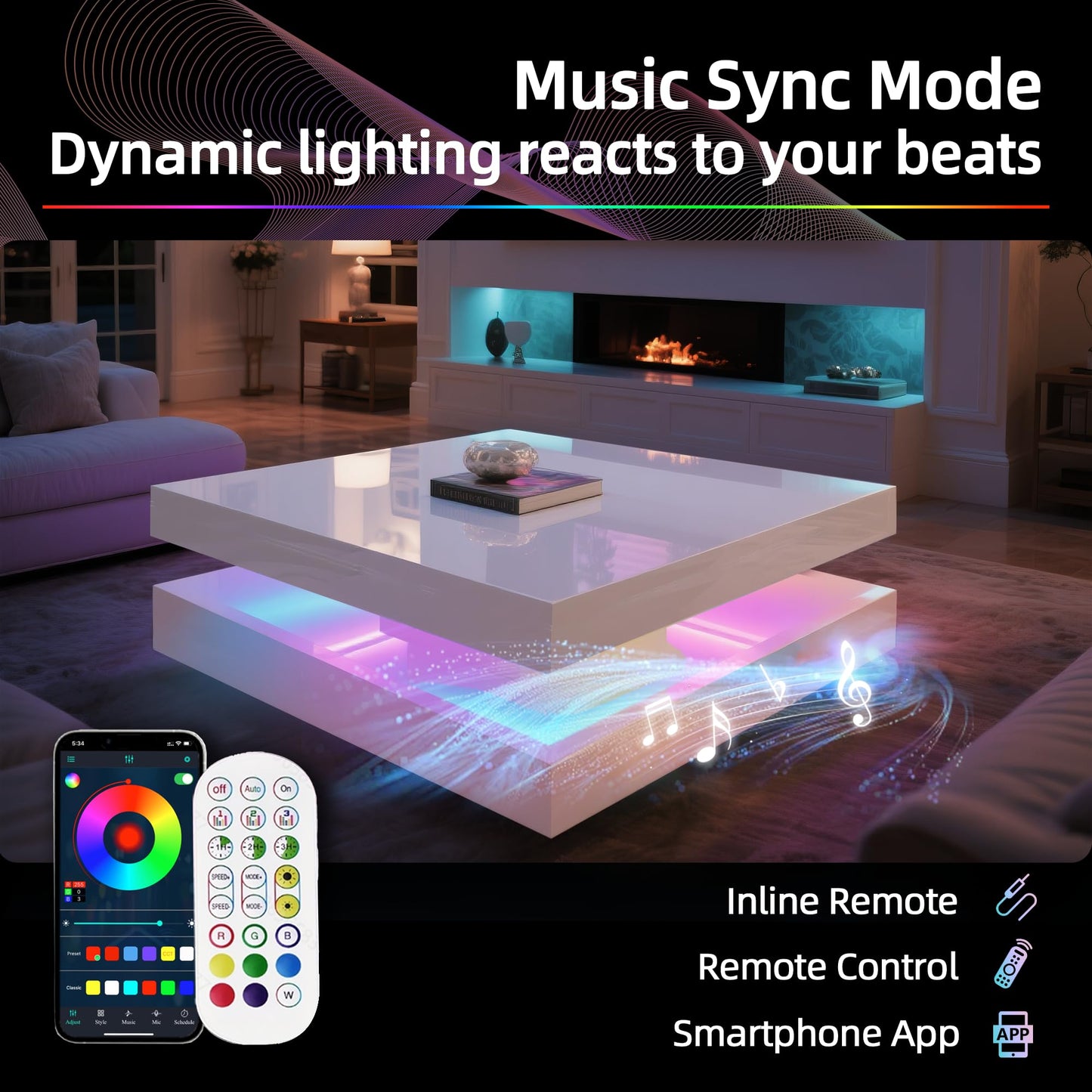 LED Coffee Table for Living Room, 2-Tier Modern Square Center Table with Music Sync Lights, High Gloss Surface, 30.75" x 30.75" (White)