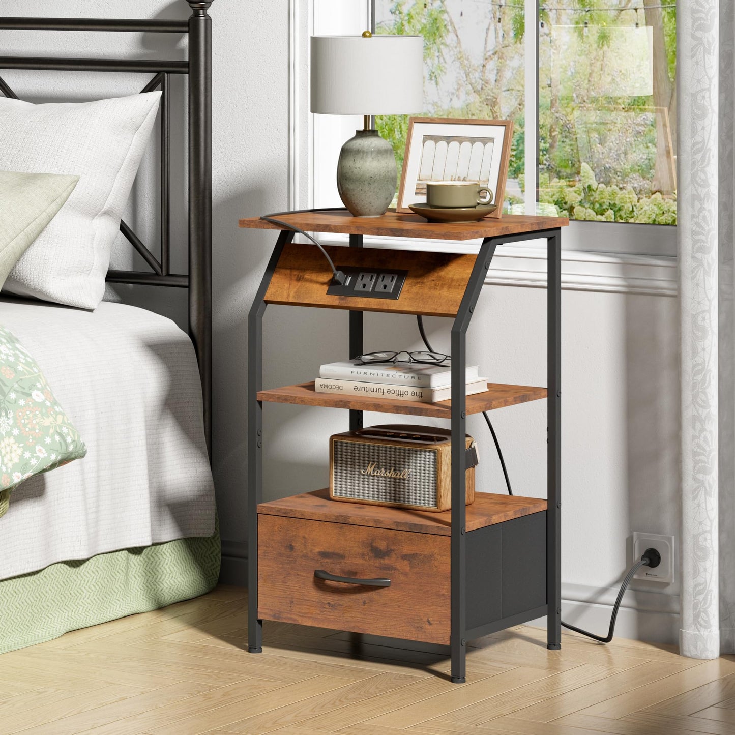 JAXPETY Nightstands Set of 2, Night Stand with Drawer Shelf and Charging Station, Storage End Table, Bedside Table for Bedroom Living Room Sofa, Rustic Brown