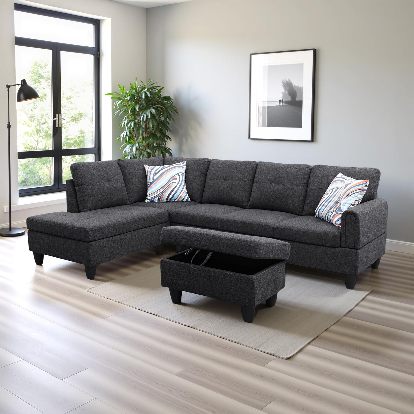 Osparple L Shaped Couch Sectional Couches for Living Room Upholstered Linen Fabric 3 Pieces Modular Sectional Sofa with Chaise, Ottoman with Storage for Small Apartment, Charcoal