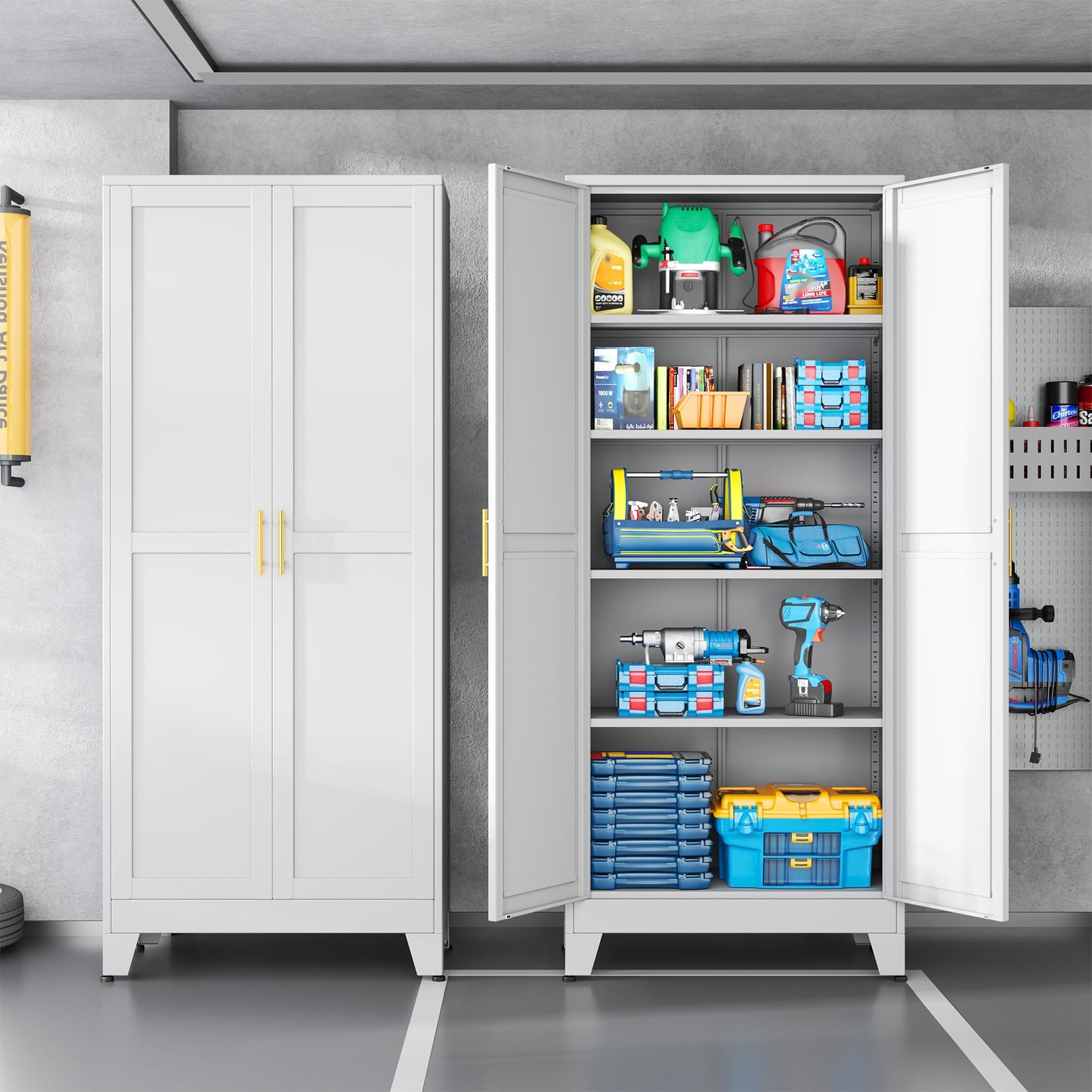 RISTERN White Metal Storage Cabinet,75" Steel Cabinets for Home Office, Kitchen Pantry Storage Cabinet with Doors and 5 Adjustable Shelves, Tool Cabinets, for Office, Home, Garage, School