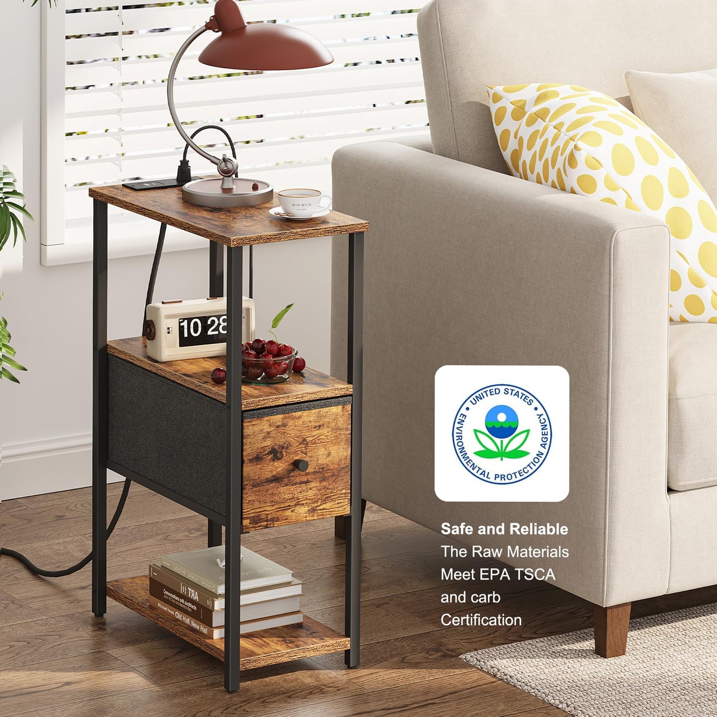TUTOTAK Set of 2 Small Narrow End Table with Charging Station, Side Table with Outlets, Nightstand with Cloth Drawer, Couch Table, for Living Room, Bedroom, Bedside, Brown TB01BB058