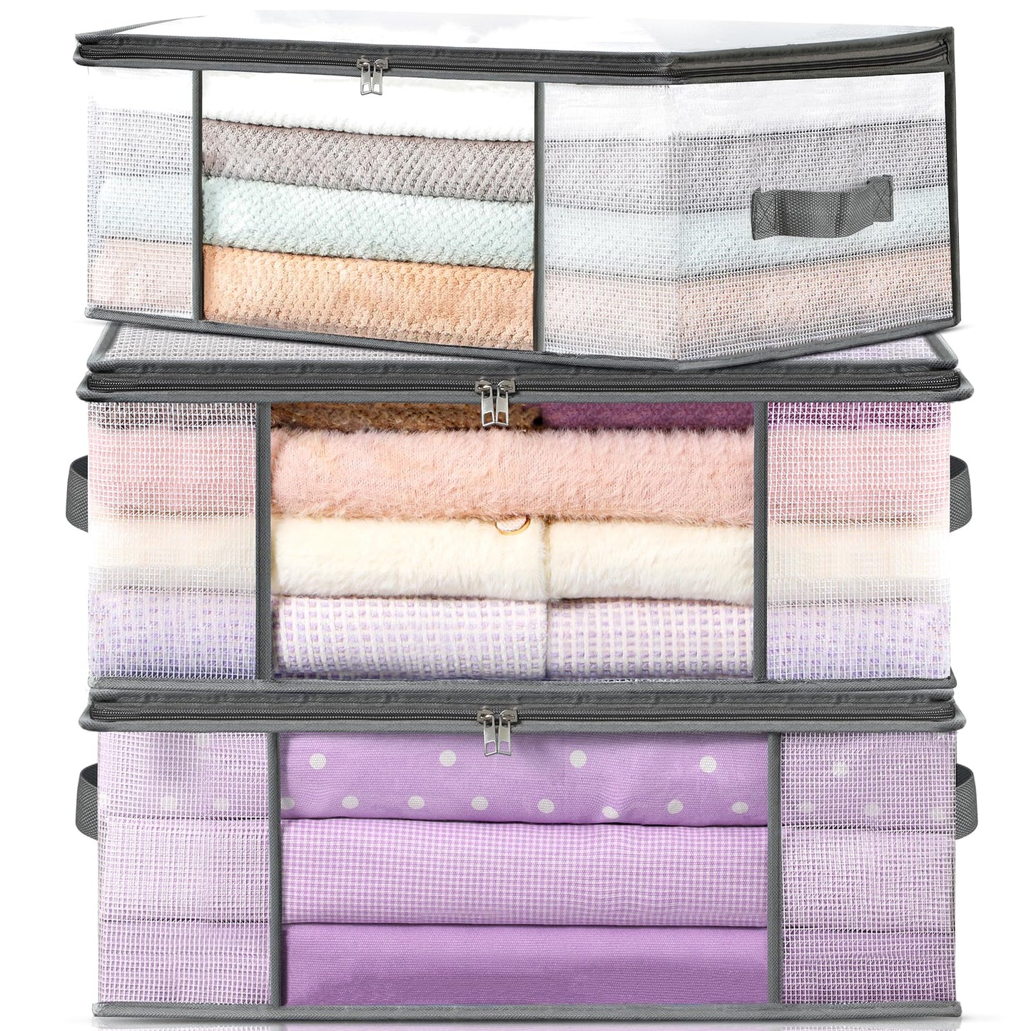 LANDNEOO 3-Pack Clothes Storage Bags, Plastic Foldable Blanket Storage bins, Closet Organizer Container for Bedroom, Bedding, Comforters, Pillows, and Clothing - 35L with Handles