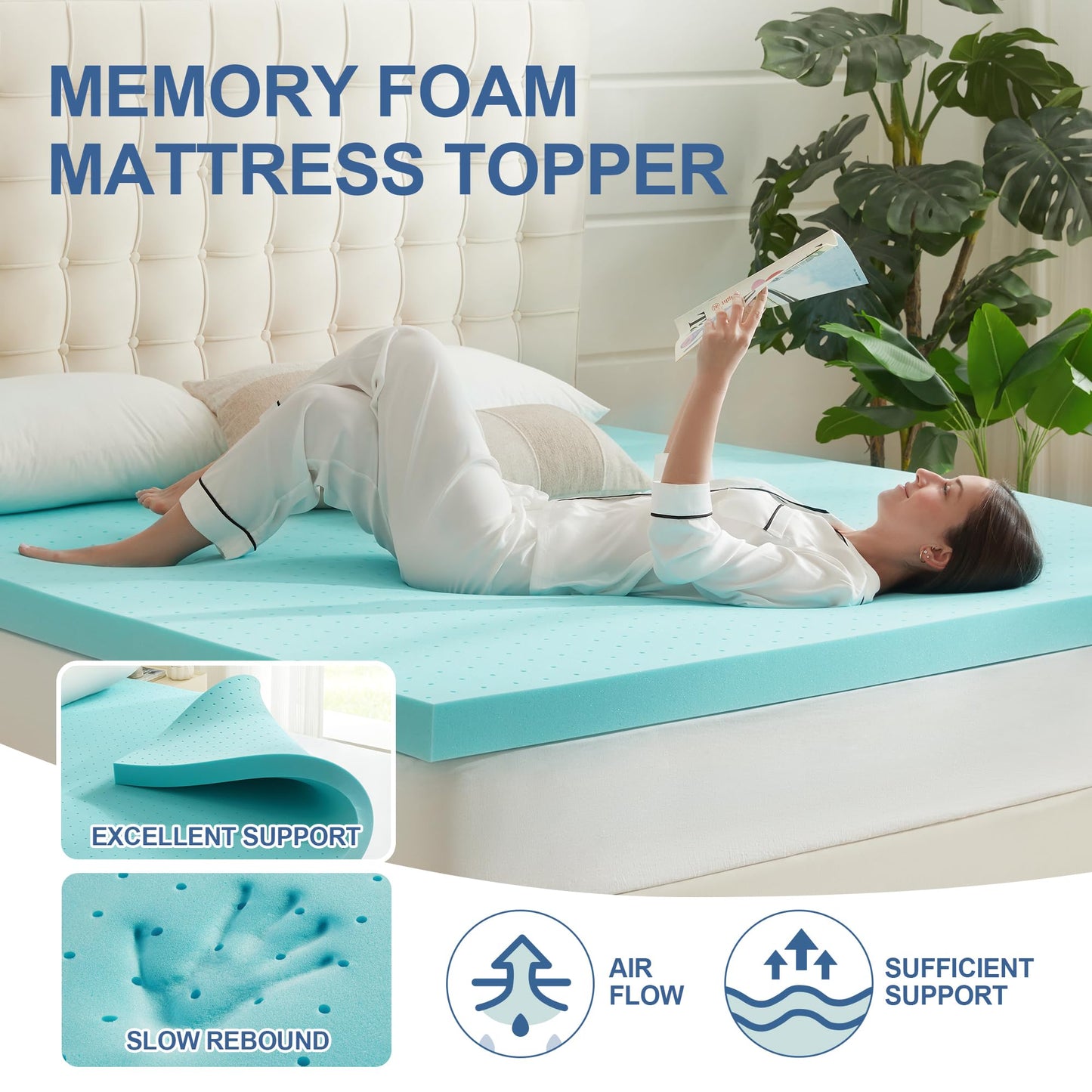 Eiayeebil 2 Inch Memory Foam Mattress Topper Queen, Mattress Pad Gel Infused Foam Bed Topper, Ventilated Soft Blue,Queen Size
