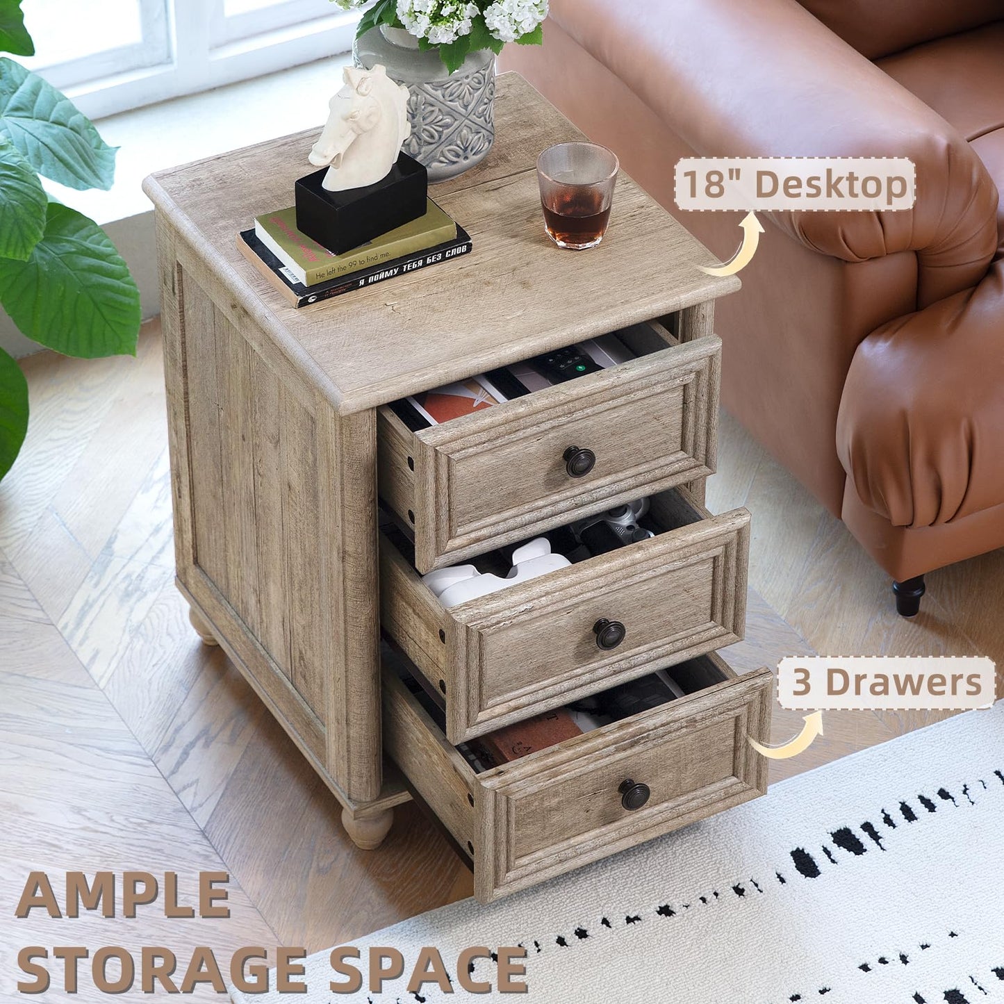 RWYHG 18" Farmhouse Night Stand Set of 2, Gray Wood Nightstand with 3 Drawers, Bedside End Table with Storage and Roman Column, Bed Side Tables Cabinet for Bedroom, Living Room, and Closet