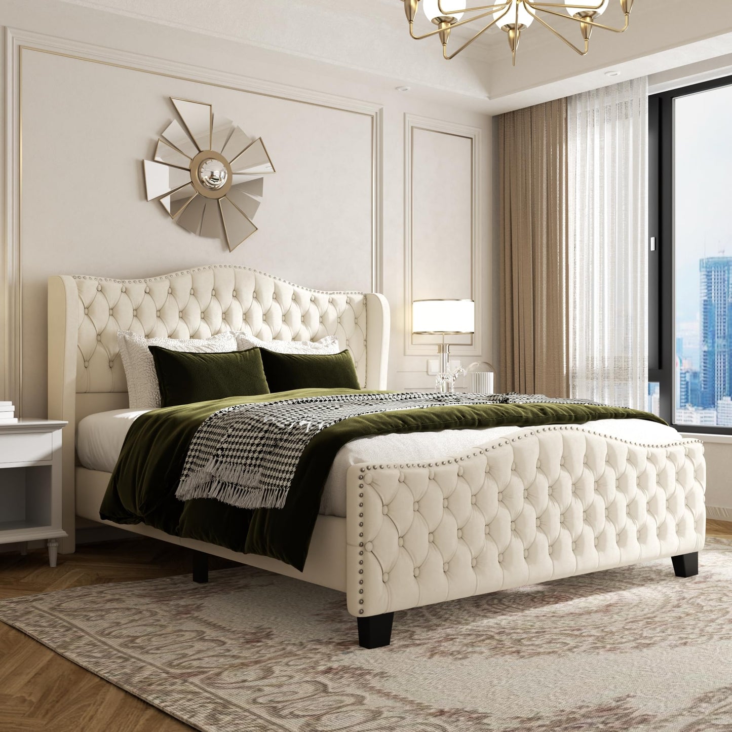 King Size Bed Frame with 51-inch Tall Camelback Headboard, Velvet Upholstered Platform Bed with Deep Button Tufted Footboard & Nailhead Trim Wingback, No Box Spring Needed, Noise Free