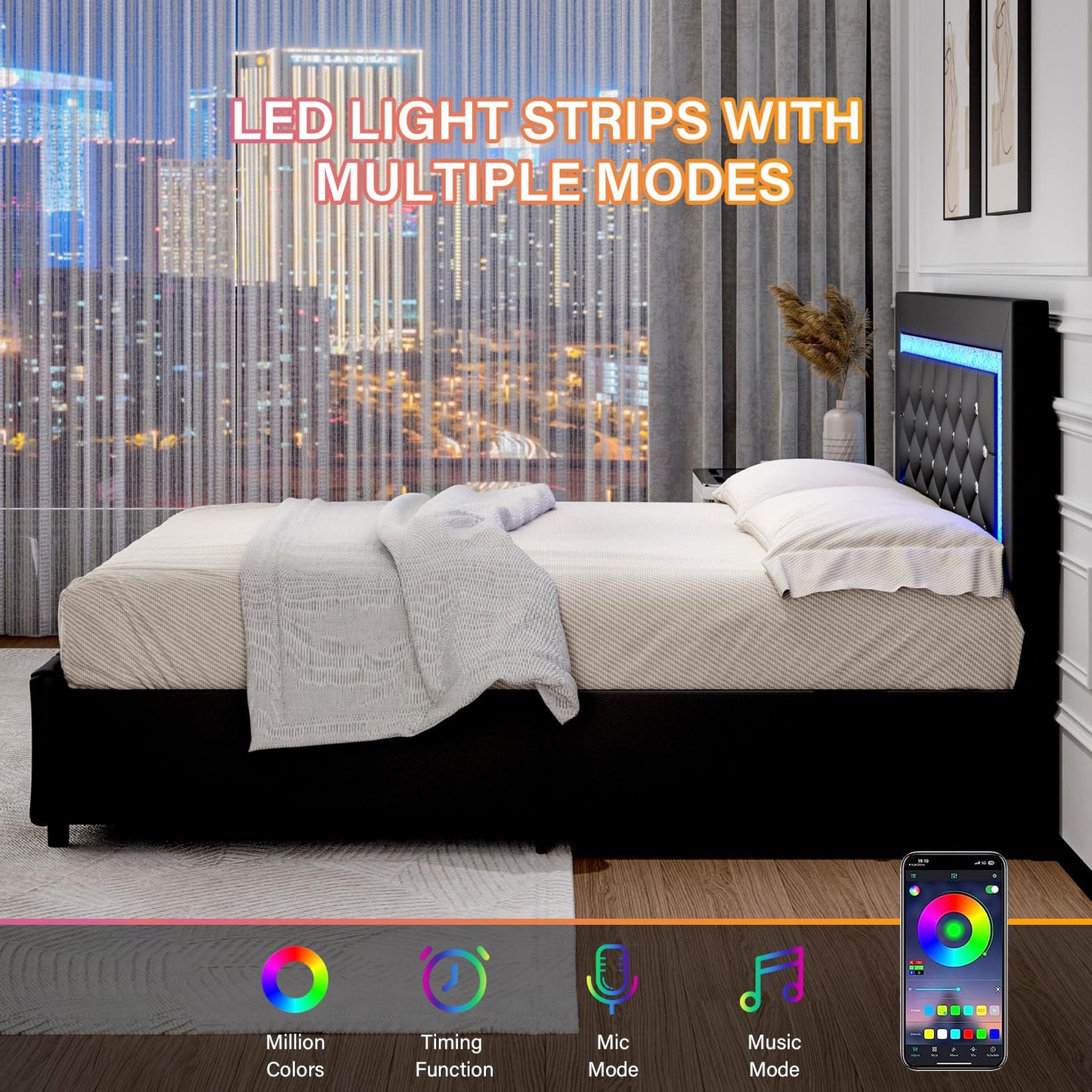 Queen Bed Frame with LED Lights, Upholstered Bed Frame with Storage Drawers, Modern Platform Bed with Diamond Headboard and Footboard, No Box Spring Needed, Black