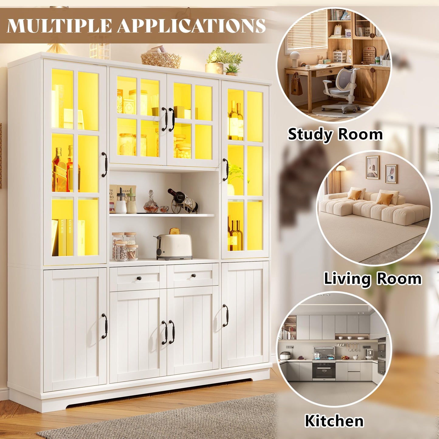 AMERLIFE 79" Tall Storage Cabinet with Glass Doors & LED Lights, Modern Large Display Cabinet with Drawer & Adjustable Shelves, Accent Furniture for Study/Living Room, Dining Room, Home Office, White