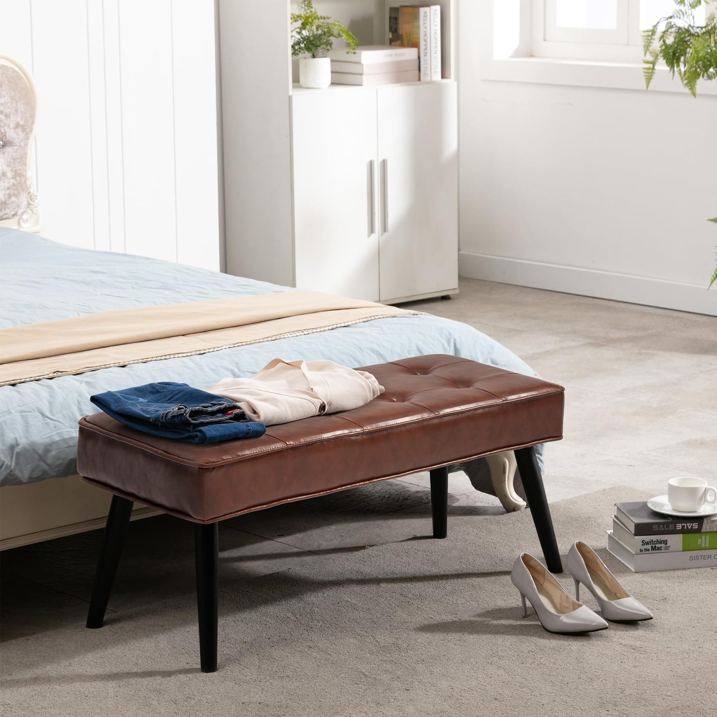 LOULENS 40'' PU Leather Tufted Ottoman Bench, Modern Upholstered End of Bed Bench, Waterproof Leather Entryway Bench with Wood Legs, Accent Footrest for Living Room, Brown