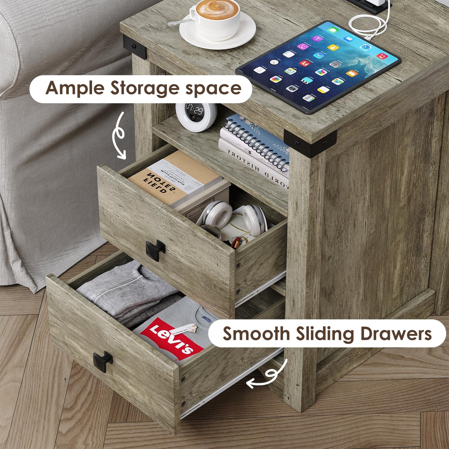 RexTact Farmhouse Nightstand with LED Lights and Built-in Power Outlets & USB Ports,17.7"D x 17.7"W Bedside Table with 2 Drawers and Open Storage Shelf, End Table for Bedroom,Home Study Storage,Gray
