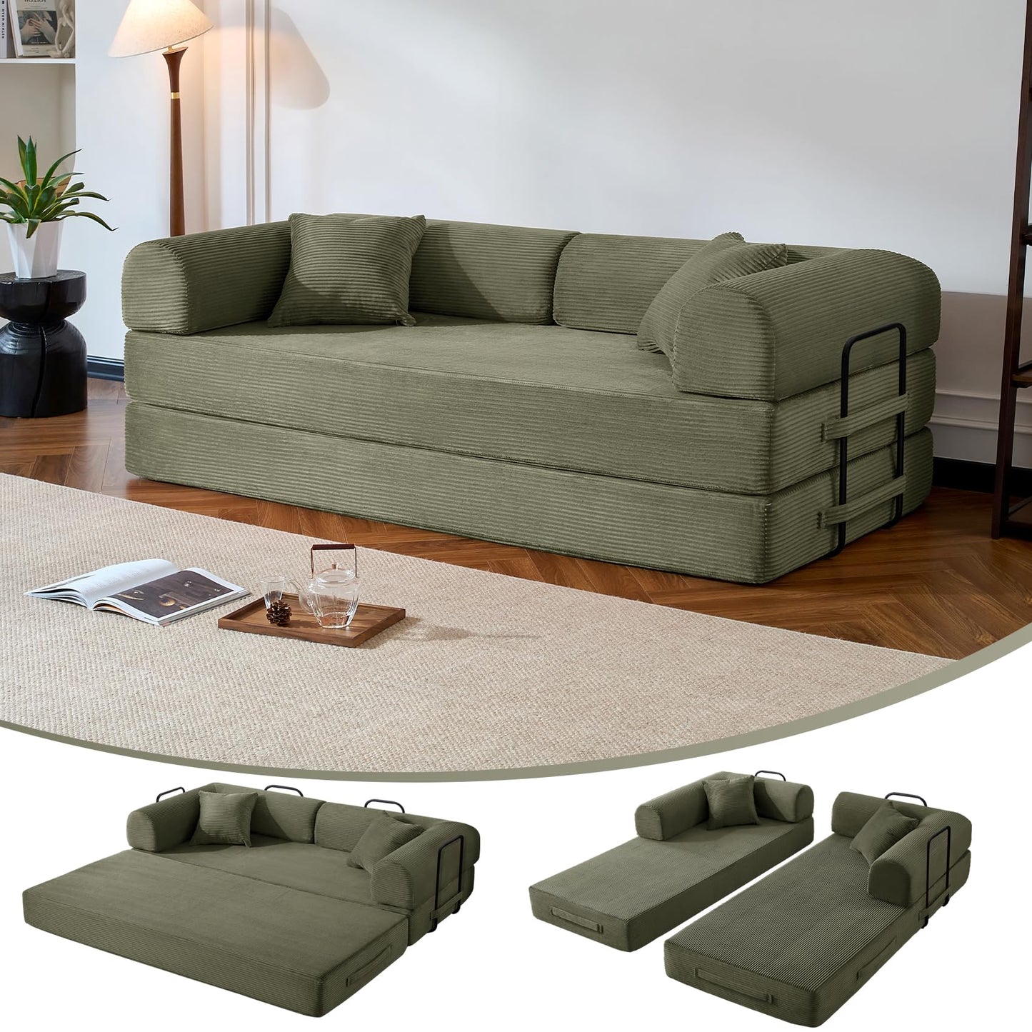NNQ Compressed Sofa - Convertible Sofa Bed, Corduroy Compression Boneless Couch in a Box, Comfy Modular Foldable Floor Sleeper Sofa for Bedroom, Living Room (Corduroy Fabric, Green)