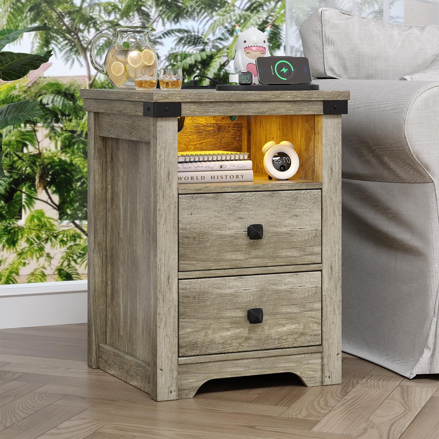 RexTact Farmhouse Nightstand with LED Lights and Built-in Power Outlets & USB Ports,17.7"D x 17.7"W Bedside Table with 2 Drawers and Open Storage Shelf, End Table for Bedroom,Home Study Storage,Gray
