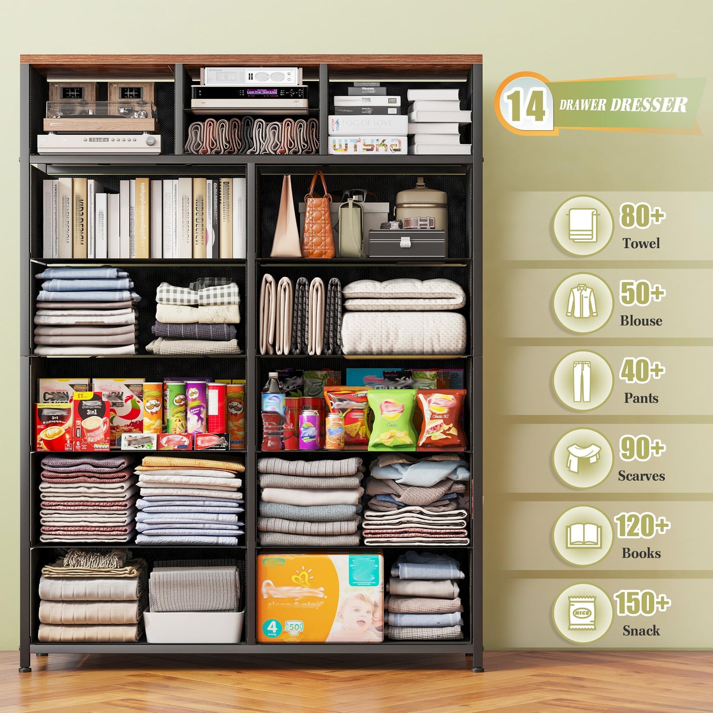 EnHomee 14 Drawer Dresser, Tall Dressers for Bedroom, Large Bedroom Dressers & Chests of Drawers, Sturdy Metal Frame & Wood Top, Easy Assembly, Closet, Living Room, Rustic Brown