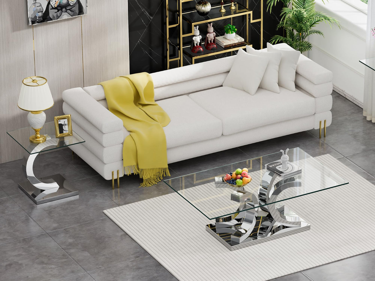 KUVADAZ 2 Pieces Living Room Table Set, Glass Coffee Table Set of 2, Modern Coffee Table and End Table with C-Shaped Stainless Steel Base for Living Room (Silver)
