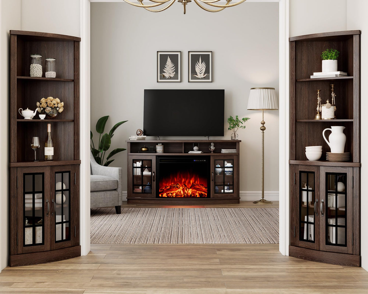 AMERLIFE Curved Corner Storage Cabinet, 65" Tall Freestanding Bookcase with Glass Doors & Adjustable Shelves, 5-Tier Corner Display Cabinet for Living Room, Bathroom, Laundry Room, Espresso