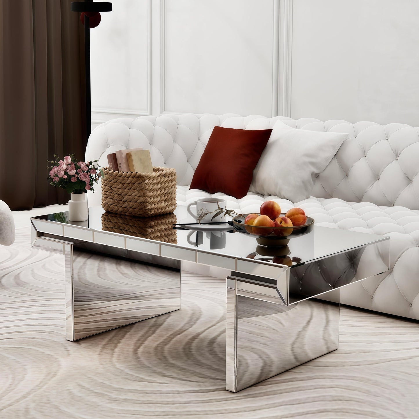 Silver Mirrored Coffee Table, 48" Rectangle Modern Coffee Table with Fluted Tempered Glass, Luxury Mirrored Center Table Accent Coacktail Tea Tables for Living Room Home Office