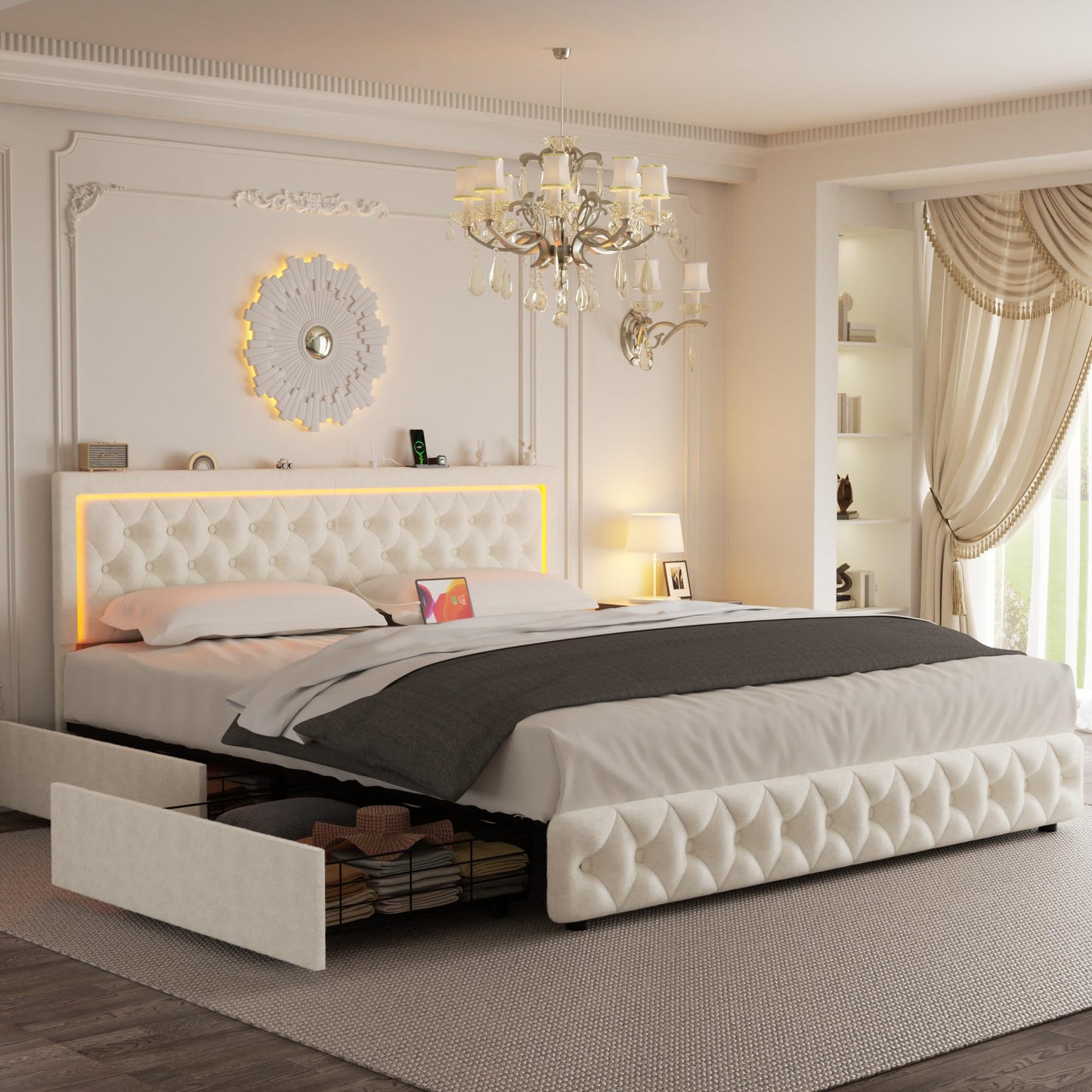 VOHOBY Queen Bed Frame with 4 Storage Drawers, Velvet Upholstered Bed Frame Queen Size with Charging Station and LED Lights, 46" Adjustable Button Tufted Headboard, No Box Spring Needed, Beige