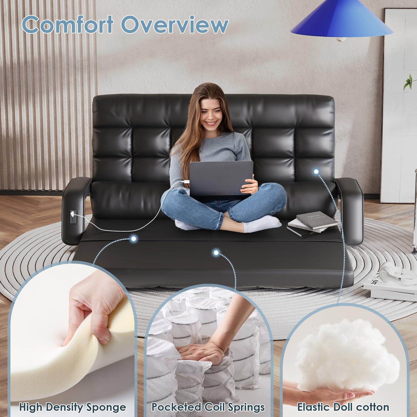 STHOUYN 6-Position Floor Couch Convertible Sleeper Sofa with USB, Black Leather Love Seat Sleeper Bed Small Space, Lounge Folding Sofa Bed with Pillow, Comfy Couch for Bedroom Living Room (Black)