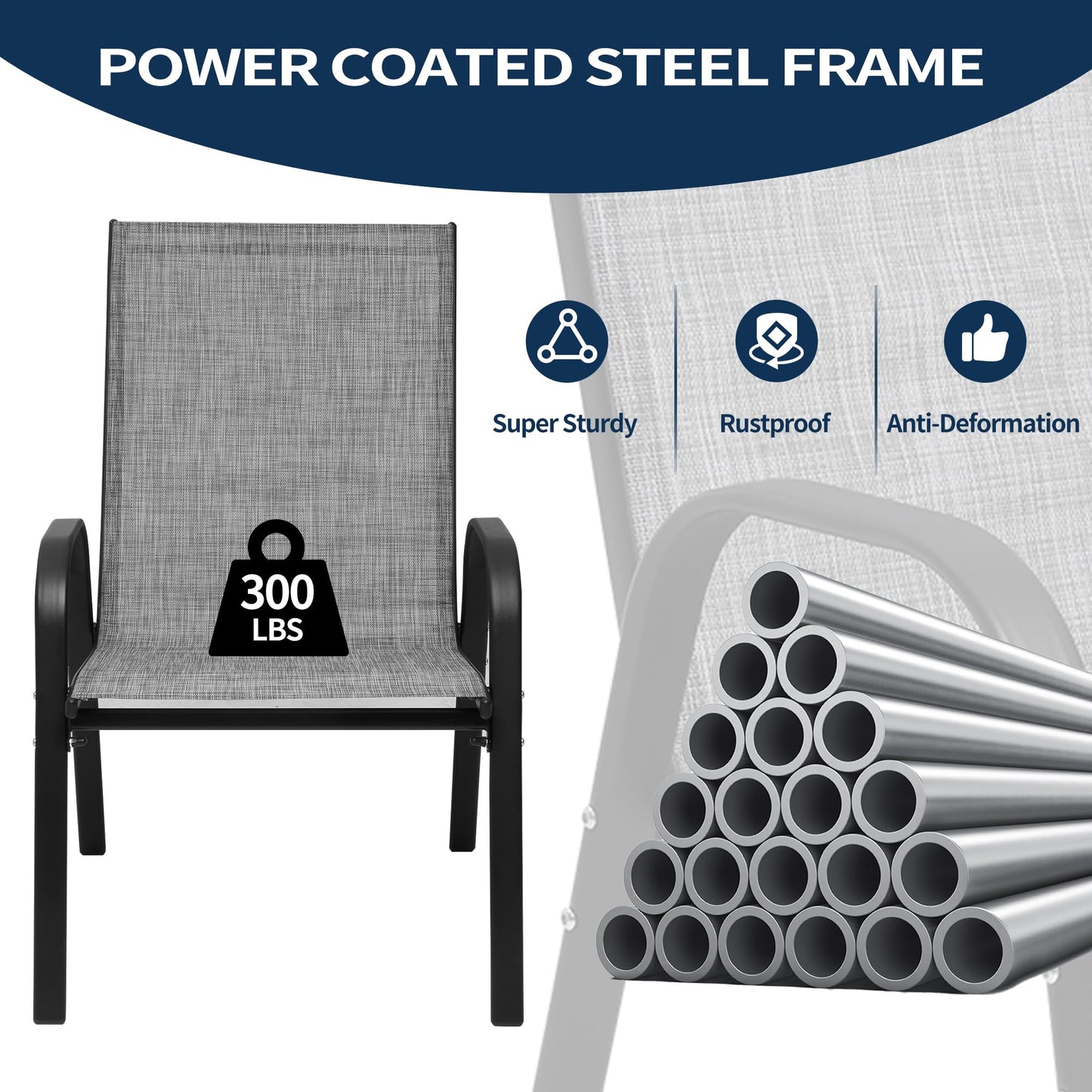 PIZZELLO Patio Chairs Set of 4, Outdoor Stackable Dining Chairs for All Weather, Lightweight Textilene Outdoor Chair Sets with Armrests, 300Lbs Capacity, for Backyard Porch Poolside Garden (Grey)